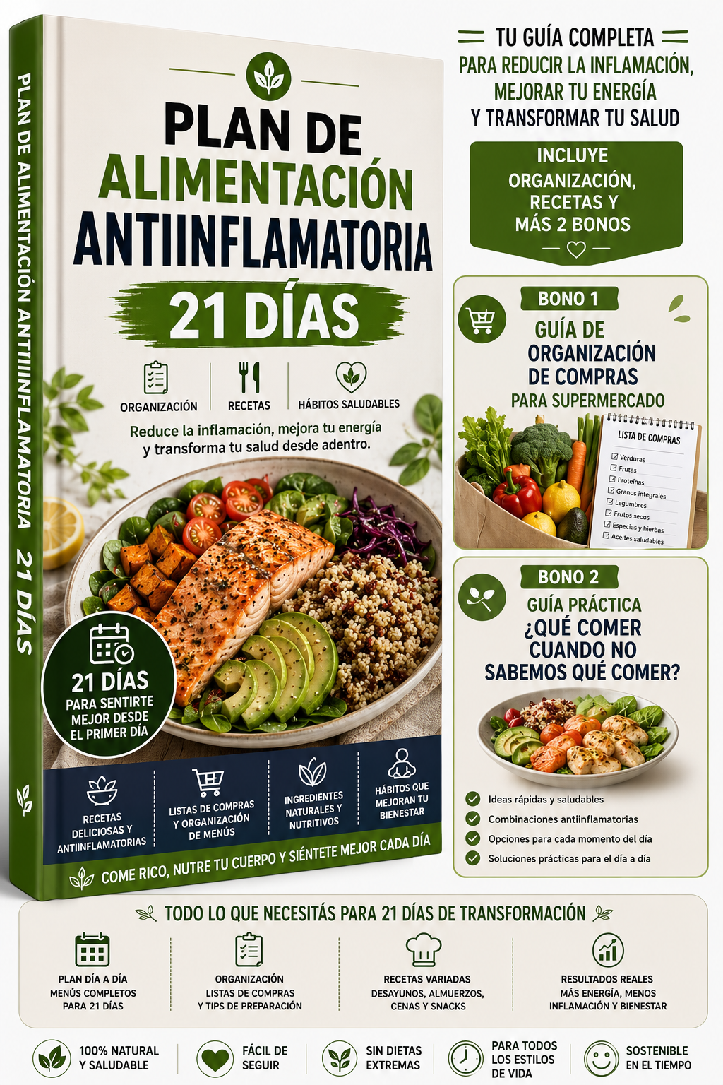 PLAN ANTIINFLAMATORIO 21 DÍAS + RECETAS +  BONOS ESPECIALES